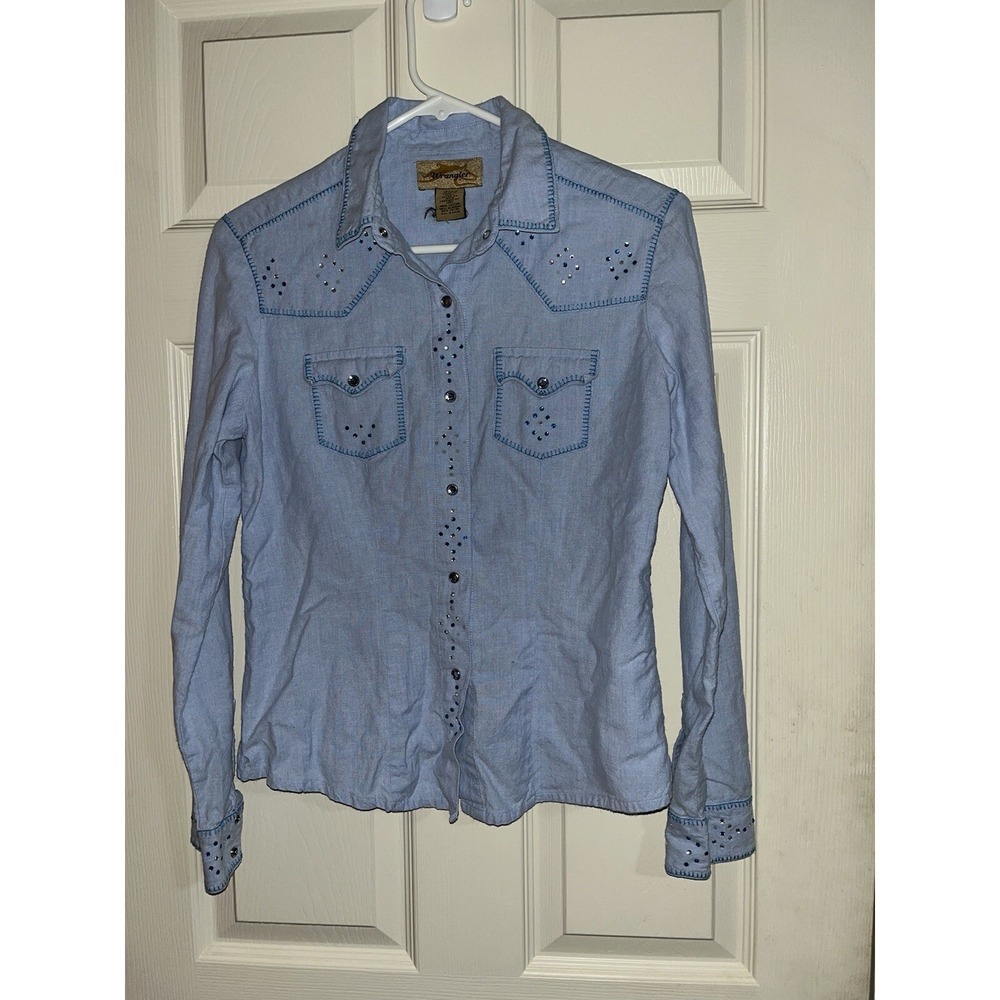 Wrangler Denim Pearl Snap Button Shirt Women Size Small 100% Cotton Western
